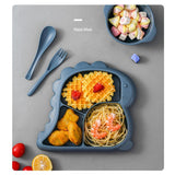 Load image into Gallery viewer, Kids Cartoon Dinosaur Divided Plate Set with Bowl Spoon Fork Microwave Safe BPA Free Haze Blue